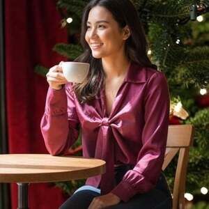 Women's Burgundy Satin Long Sleeve Collared Blouse Size S